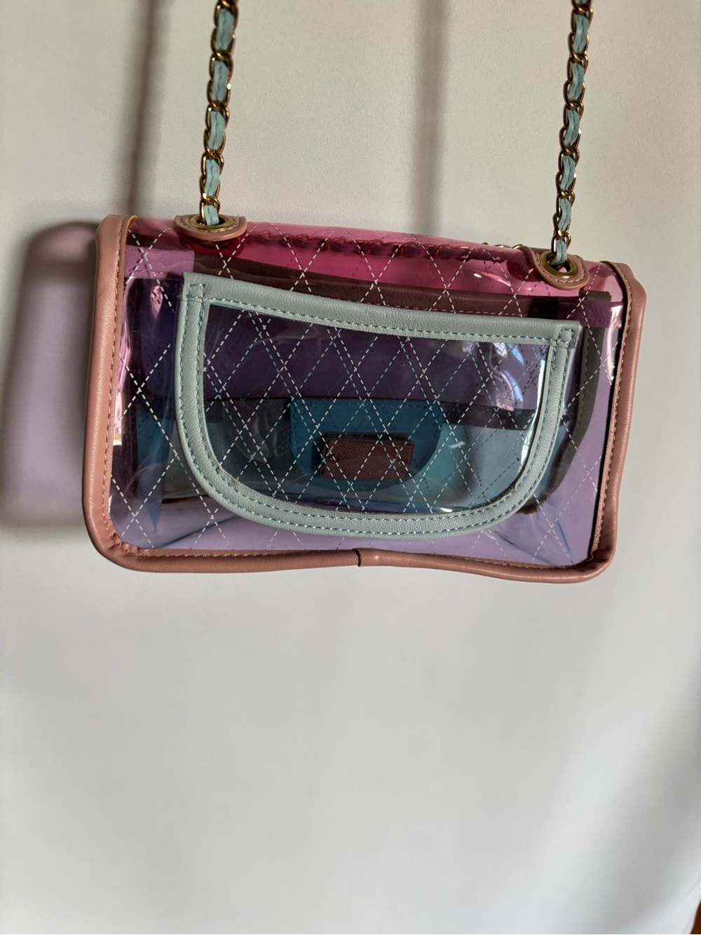 Clear Multicolor Chain Shoulder Bag - Pink Trim - Picture 3 of 4